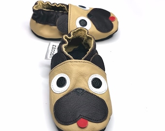 Beige Baby Shoes, Animals Booties, Leather Baby Shoes, Baby Moccasin, Little Pug Crib Shoes, Soft Sole Baby Slippers, Doggy Shoes