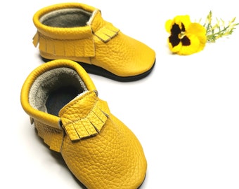 Yellow Toddler Shoes, Baby Yellow Moccasins, Leather Kids Slippers, Yellow Booties, Soft Sole Children Shoes, Leather Moccasins, Ebooba, 5