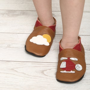 Booties with Helicopter, Baby Soft Leather Shoes, Transport Slippers, Kids Slippers for Boys, Toddler Soft Shoes, Ebooba, Brown Baby Shoes