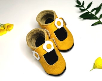 Baby Sandals, Yellow Girls Shoes, Ebooba, Yellow Moccasins, Baby Crib Shoes, Summer Girl Gift, Soft Sole Sandals, Summer Leather Shoes, 3