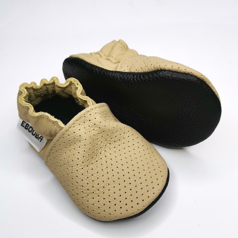 Baby Shoes, Ebooba, Beige Moccasins, Leather Baby Shoes, Perforated Leather Slippers, Crib Shoes, Boys' Shoes, Girls' Shoes, Beige Booties,2 image 2