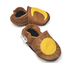 Sun/Moon Brown Baby Shoes, Leather Toddler Booties, Baby Moccasins, Soft Sole Baby Shoes, Boys' Shoes, Girls' Shoes, Prewalkers Shoes,8