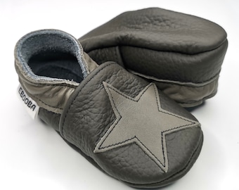 Gray Stars Boys Slippers, Leather Baby Shoes, Gray Baby Shoes, Soft Sole Booties, Infant Slippers, Space Moccasins, Toddlers Shoes, Ebooba,8