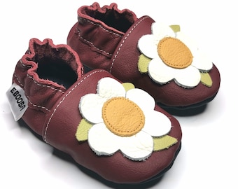 Flowers Baby Shoes, Maroon Girls Moccasins, Baby Shoes, Ebooba, Crib Baby Shoes, Baby Booties, Girls' Shoes, Chamomile Booties, Chaussures,3