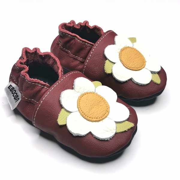 Flowers Baby Shoes, Maroon Girls Moccasins, Baby Shoes, Ebooba, Crib Baby Shoes, Baby Booties, Girls' Shoes, Chamomile Booties, Chaussures,3