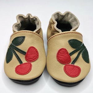 Baby Girl Leather Booties, Soft Sole Baby Shoes, Handmade Infant Slippers, Flower Baby Shoes 6-12 Months, Krabbelschuhe, Ebooba, 2 Red Cherries