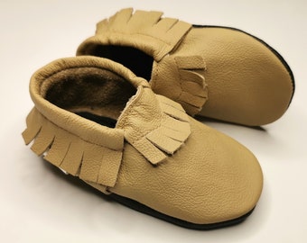 Genuine Leather Baby Moccasins, Baby Boy Moccasins, Beige Baby Moccasins, Baby Shoes, Baby 100% Leather Shoes, Baby Booties, Ebooba, 1