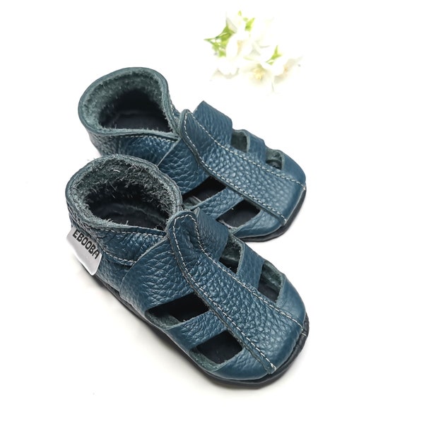 Blue Toddler Sandals, Leather Baby Shoes, Plain Kids Sandals, Toddler Moccasins, Soft Sole Baby Shoes, Unisex Child Shoes, Blue Baby Shoes,7