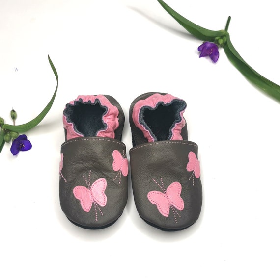 Krabbelschuhe Lederpuschen Lederschuhe 25/26 Schmetterling rosa dunkelgrau  2-3 Jahre ebooba BF-34-G-M-2