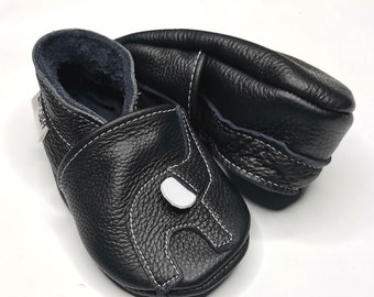 Black Baby Shoes, Elephant Baby Shoes, 18-24 Months Slippers, Baby Booties, Chaussons bebe, Krabbelschuhe, Lederpuschen, ebooba