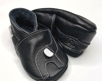 Black Baby Shoes, Elephant Baby Shoes, Black Infant Slippers, Baby Booties, Chaussons bebe, Krabbelschuhe, Lederpuschen, ebooba
