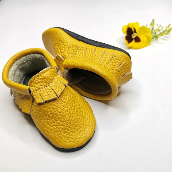 Yellow Leather Moccs, Baby Shoes, Baby Booties, Soft Sole Moccasins, Walkers Shoes, Kids Slippers, Baby Moccasins, Lauflernschuhe, Ebooba, 7