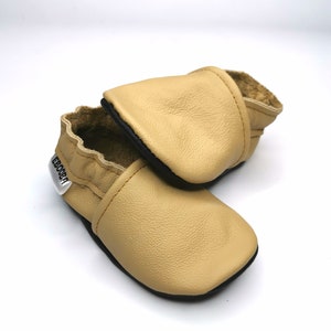 Yellow soft sole leather Baby shoes / Infant handmade perforated booties / Bebe chaussons Krabbelschuhe / Toddler Kids' Slippers / ebooba Beige