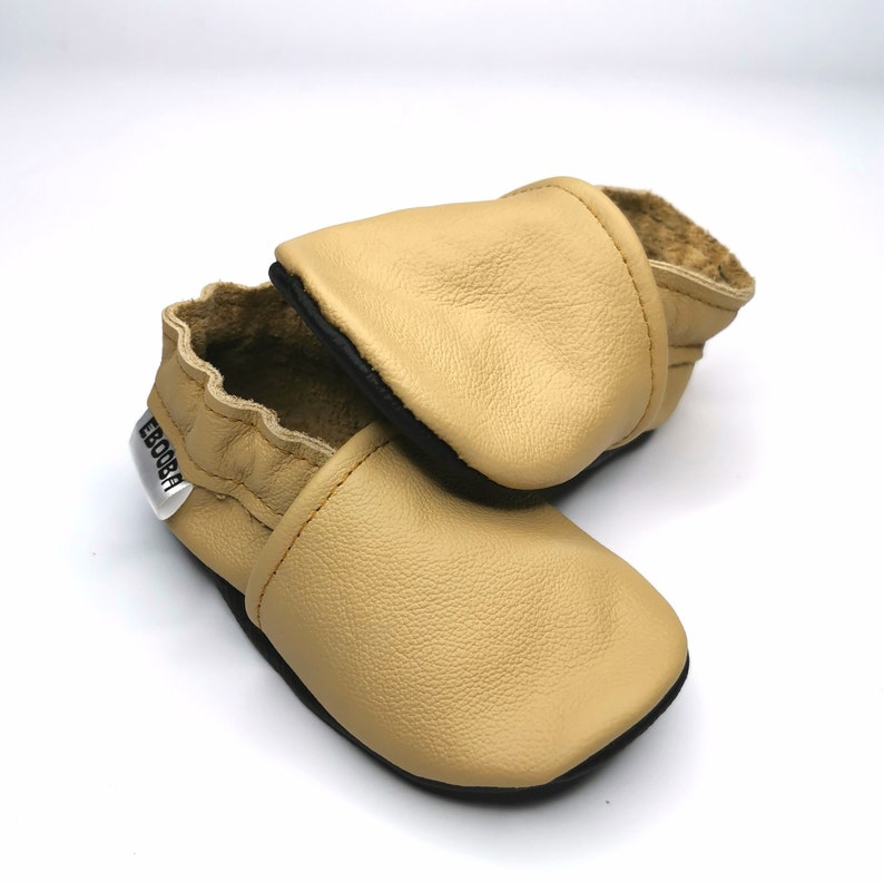 Yellow soft sole leather Baby shoes / Infant handmade perforated booties / Bebe chaussons Krabbelschuhe / Toddler Kids' Slippers / ebooba Beige