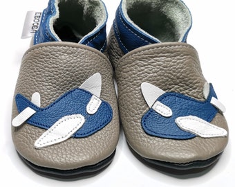 Airliner Boys Shoes, Gray Baby Boy Booties, Airplain Baby Shoes, Gray Moccasins, Ebooba, Leather Baby Shoes, Gray Baby Slippers, Soft Sole,2