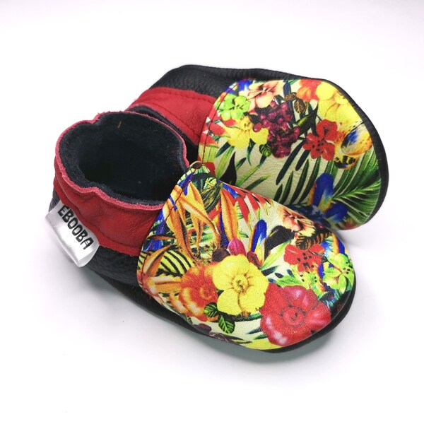 Krabbelschuhe Große 19/20, rot lederpuschen mit Blumenmuster, ebooba