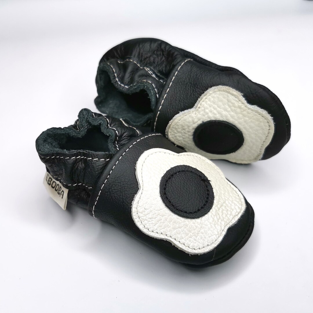 Black Baby Shoes White Flower, Leather Baby Shoes, Baby Booties, Soft