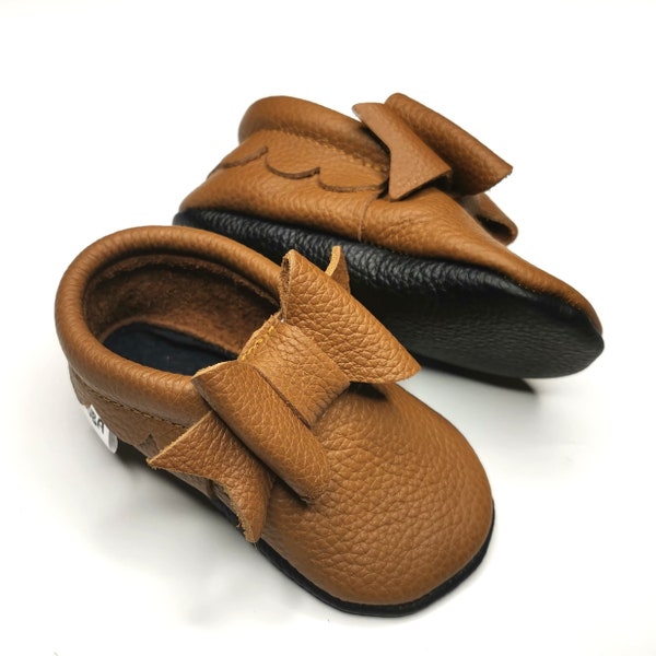 Kids Brown Moccasins, Baby Plain Shoes, Girls Baby Moccasins, Baby Shoes Brown, Genuine Leather Baby booties, Soft Sole Moccasins, Ebooba, 6