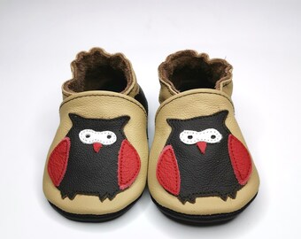 Owl Soft Sole Leather Baby Shoes Beige/First shoes Infant shoes/Unisex baby moccs Girl baby shoes Boy leather slippers/Size up to 36 Months