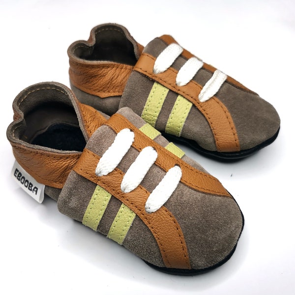 Leather baby shoes with Strips, Unisex Baby sneakers, Ebooba, Leather Baby Shoes 12-18 Months, Lauflernschuhe, Chaussures bébé