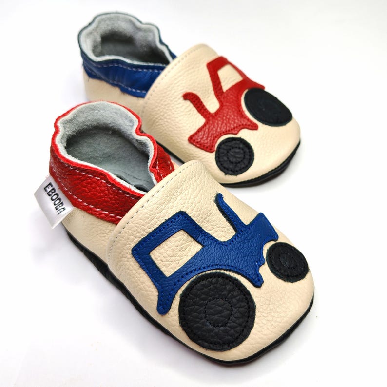 Tractor Baby Shoes, Cars Slippers, Dark Brown Shoes, Soft Sole Shoes, Boys' Shoes, Leather Baby Shoes, Toddler Shoes, Children Slippers, 8 Beige/Tractor
