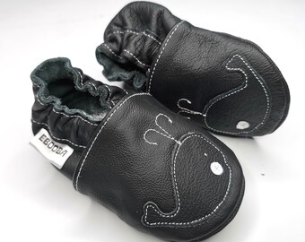 Whale Baby Shoes, Leather Baby Slippers, Black Booties, Soft Sole Baby Shoes, Toddler Bootie, Whale Slippers, Noir Chaussons bebe, 7