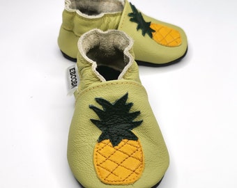 Pineapple Shoes, Leather Baby Moccasins, Girls Baby Slippers, Soft Shoes, Green Baby Booties, Olive Slippers, Soft Sole Shoes, 8