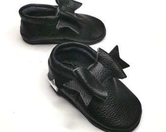 Baby Bow Moccs, Girls' Booties, Leather Baby Shoes, Bow Shoes, Black Bow Bootie, Soft Sole Baby Shoes, Baby Girl Moccasins, Ebooba, 1