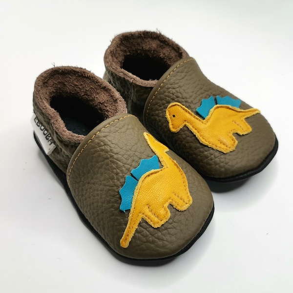 Dino Baby Shoes, Leather Baby Shoes, Brown Bootie, Kids' Slippers, Infant Shoe, First Birthday Shoes, Lederpuschen, Ebooba, 1