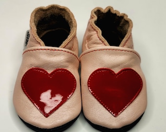 Red Heart Baby Shoes, Pink Leather Soft Shoes, Light Pink Baby Shoes, Crib Shoes, Girls' Shoes, First Shoes, Newborn Slippers, 1
