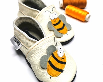 Bee Baby Shoe, Ebooba, White Baby Booties, Leather Baby Moccasins, Girls' Shoes, Kids' White Shoes, Soft Sole Baby Shoes, Baby Gift Shoes, 2