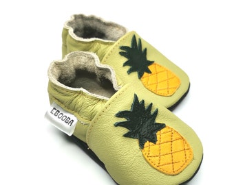 Ananas Slippers, Leather Baby Shoes,  Pineapple Baby Shoes, Soft Shoes, Green Baby Booties, Light Green Slippers, Soft Sole Shoes, 3