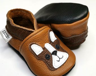 Dogs Baby Slippers, Puppy Leather Slippers, Brown Baby Shoes, Doggy Moccasins, Soft Sole Booties, Baby Boys' Shoe, Baby Girls' Gift