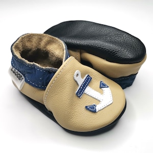 Anchor Baby Shoes, Leather Baby Shoes, Beige Baby Slippers, Toddler Booties, Infant Slippers, Crib Shoes, Boys&#39; Shoes, Soft Sole Booties, 7
