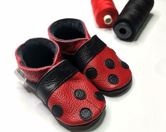 Ladybug baby shoes, Leather Red booties, Baby Moccasins, Ebooba, Soft Sole Kids Shoes, Girl baby Shoes, Newborn Baby Shoes, Baby Slippers