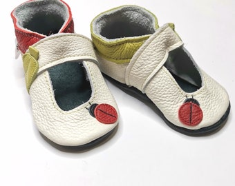 White Baby Sandals, Soft Sole Summer Shoes, Infant White Sandals, Handmade Booties, Girls' Slippers, Sandals with Ladybug, Ebooba, 3