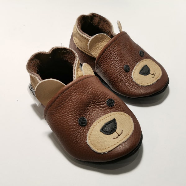 Teddy Bear Shoes, Leather Baby Shoes, Brown Baby Booties, Baby Leather Slippers, Toddler Shoe, Unisex Bootie, Kids' Slippers, Ebooba, 8