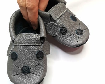 Gray Mouse Baby Shoes, Baby Gray Slippers, Kids Shoes, Dark Grey Baby Moccasins, Ebooba, Leather Baby Shoes, Gray Baby Booties, 9