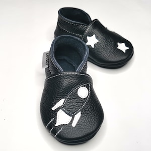 Black Space Baby Shoes, Rocket Moccasins, Leather Baby Shoes, Ebooba, Soft Sole Baby Shoes, Crib Shoes, Boys&#39; Shoes, Black Booties, 1