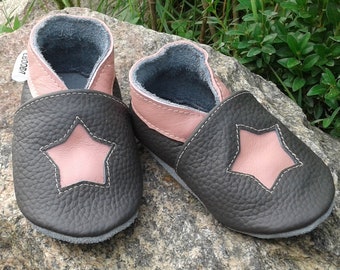 Gray Baby Shoes Leather, Baby Moccasins, Girls, Soft Sole Shoe, Leather Booties, 12-18 Months Baby Slippers, Ebooba, Pink Star Shoe, 3
