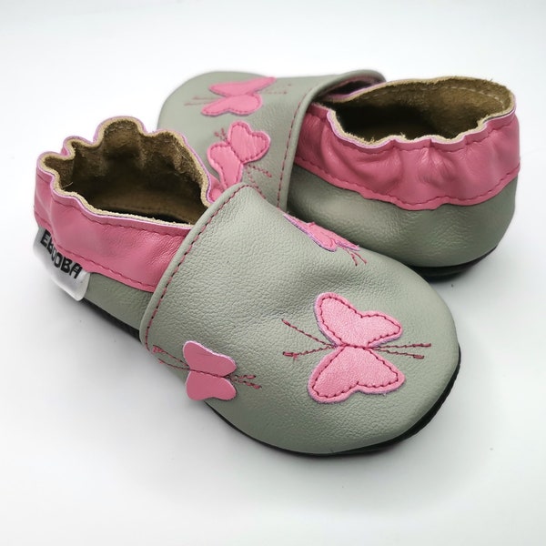 los zapatos de bebe unicos suaves mariposas gris rosa 6-12m ebooba BF-34-G-M-2