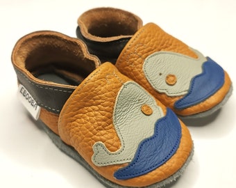 Whale Baby Shoes, Brown Baby Slippers, Leather Baby Shoes, Baby Booties, Soft sole baby shoes, Blue Whale, Krabbelschuhe, ebooba