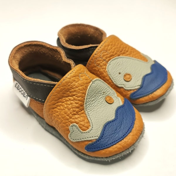 Whale Baby Shoes, Brown Baby Slippers, Leather Baby Shoes, Baby Booties, Soft sole baby shoes, Blue Whale, Krabbelschuhe, ebooba
