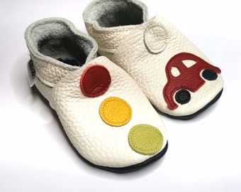 Kids Slippers, Shoes Cars Print, Leather Moccasins, Soft Sole Booties, Indoor Baby Shoes, Toddler Shoes, Soft Sole Booties, White Booties