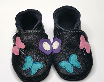 Baby Girl Shoes, Leather Baby Shoes, Black Baby Moccasins, Kids' Shoes, Soft Sole Shoes, Moccs, Toddler Shoes, Baby Booties, Butterflies, 3
