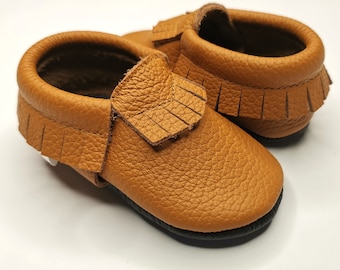 Brown baby moccasins, Baby moccasins, Baby slippers with fringe 100% leather, Infant Booties, Soft sole shoes, Toddler moccasins, Ebooba, 3