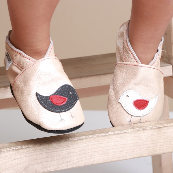 Pink Baby Shoes, Little Bird Slippers, Soft Sole Baby Booties, Infant First Booties, Lederpuschen, Chaussons cuir pour fille bebe, ebooba, 1