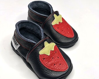 Red Strawberry Girls Shoes, Leather Baby Shoes, Black Baby Shoes, Baby Girl Shoe, First Booties, Leather Moccasins, Baby Gift, Ebooba, 1