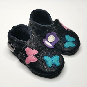 Baby Girl Leather Booties, Soft Sole Baby Shoes, Handmade Infant Slippers, Flower Baby Shoes 6-12 Months, Krabbelschuhe, Ebooba, 2 Butterflies on Black