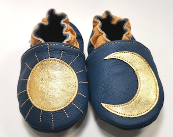 Kids&#39; Shoes, Leather Toddler Shoes, Blue Baby Slippers, Soft Sole Baby Shoes, Sun Slippers, Baby Moccs, Rainbow Shoes, Moon Booties, 5
